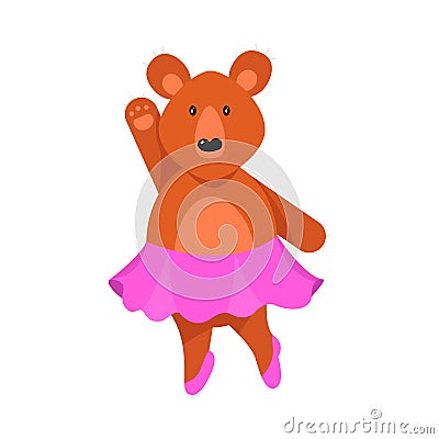 A humanized cute bear girl in pink skirt stands with her one arm raised. Vector illustration isolated on white Vector Illustration