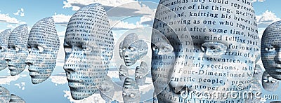 Humanlike faces covered in text Stock Photo