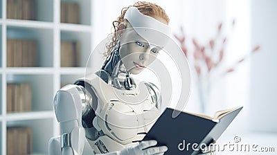 Humanlike intellectual robot reading book, futuristic robotic creature, future clever cyborg Stock Photo