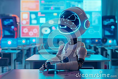 Humanoid ai robot in high-tech classroom interactive learning environment futuristic education. Stock Photo