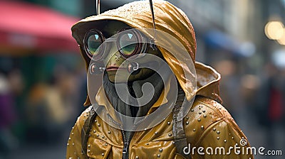 A humanoid alien person in a yellow raincoat and goggles. AI Stock Photo