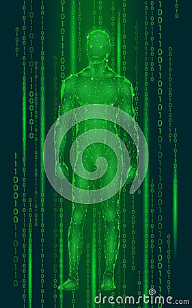Humanoid android man standing cyberspace binary code. Robot artificial intelligence low poly polygonal human body Vector Illustration
