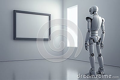 Humanoid android robot thinking of a creative machine learning idea for an artwork on a blank canvas in an artist studio galley Cartoon Illustration