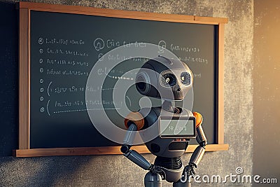 Humanoid education robot teacher in front of a school classroom chalkboard Cartoon Illustration