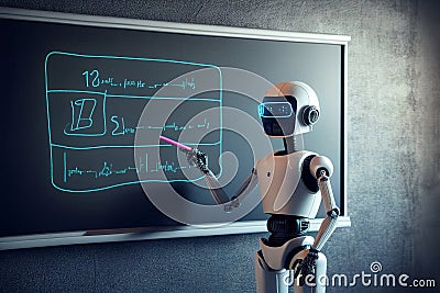 Humanoid education robot teacher in front of a school classroom chalkboard teaching pupils Cartoon Illustration