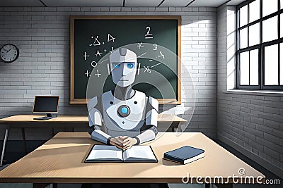 Humanoid education robot teacher in front of a school classroom chalkboard teaching pupils about mathematics Cartoon Illustration