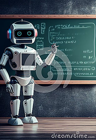 Humanoid education robot teacher in front of a school classroom chalkboard Cartoon Illustration
