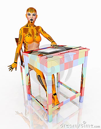 Humanoid female robot with desk Cartoon Illustration