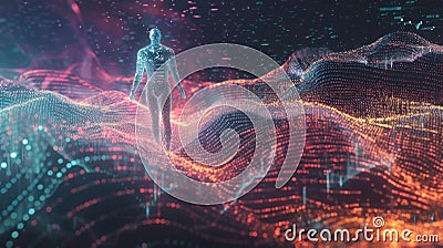 A humanoid figure composed of echoing sound waves navigates a vibrant data stream, representing AI's exploration of Stock Photo