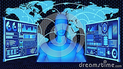 Humanoid/Human-like AI robot and Futuristic HUD on World map connection background in AI connects the world concept. 3D Rendered. Stock Photo