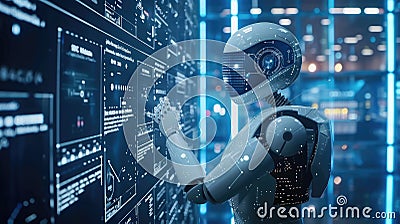 A humanoid robot accesses a complex data array, analyzing information on glowing screens in a dark, futuristic setting Stock Photo