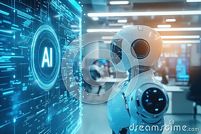 Humanoid robot analyzing complex data related to artificial intelligence on futuristic screen Stock Photo