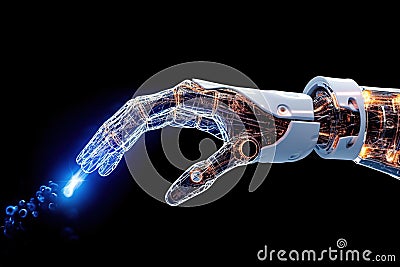 Humanoid robot arms generating power. Robotic hand with data lines and power surges. Cyberspace concept. Generative AI. Stock Photo