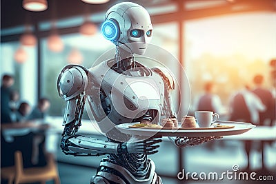 A humanoid robot as a waiter in a restaurant serving an order Stock Photo