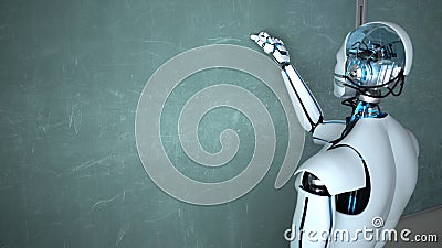 Humanoid Robot Chalk Board Writing Teacher Cartoon Illustration