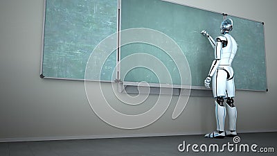 Humanoid Robot Chalk Board Writing Teacher Cartoon Illustration