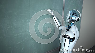 Humanoid Robot Chalk Board Writing Teacher Cartoon Illustration
