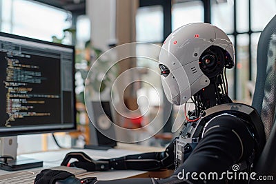 humanoid robot coding at a computer in a modern workspace Stock Photo