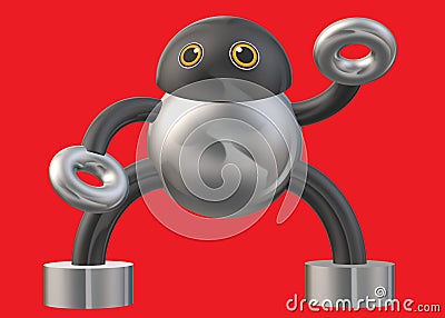 A humanoid robot constructed of simple shapes and forms against a vivid red backdrop Cartoon Illustration