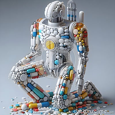 humanoid robot created with medicinal pills as a concept against drug abuse Cartoon Illustration