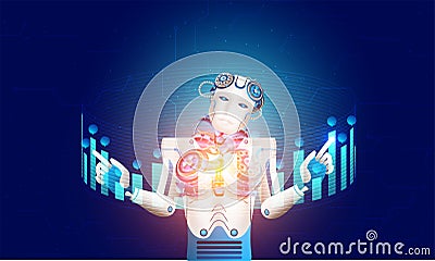 Humanoid robot or cyborg working with hud display or virtual ke Stock Photo