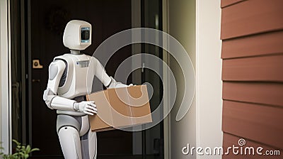 humanoid robot delivering a box to a house. future concept Stock Photo