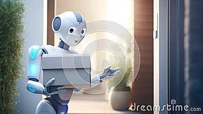 humanoid robot delivering a box to a house. future concept Stock Photo