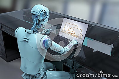 Humanoid robot engaged in work with a laptop, analyzing a cluster analysis dendrogram for studying data patterns, 3D Cartoon Illustration