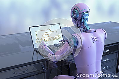 Humanoid robot engaged in work with a laptop, analyzing a cluster analysis dendrogram for studying data patterns, 3D Cartoon Illustration