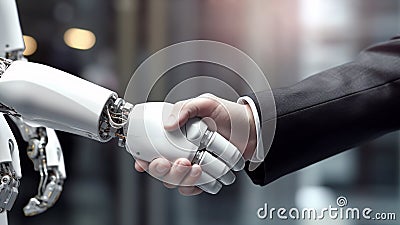 Robot extends hand towards a man, humans and robots work together. Generative AI Stock Photo