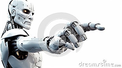 A humanoid robot extends mechanical index finger pointing forward. Generative AI Stock Photo