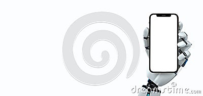 Humanoid Robot Hand Smartphone White Screen Cartoon Illustration