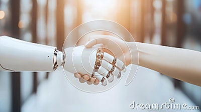Humanoid robot handshake to collaborate future technology development.AI thinking brain and representing future technology Stock Photo