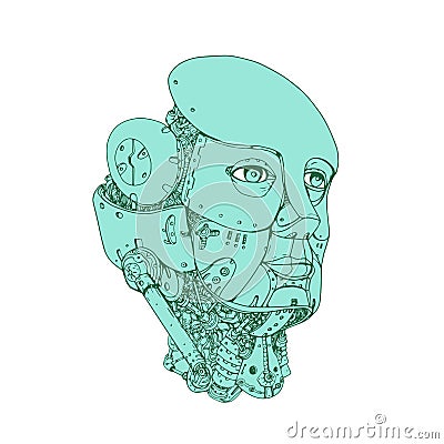 Humanoid Robot Head Female Monoline Vector Illustration