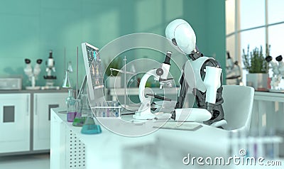 A humanoid robot in a laboratory works with a microscope. Scientific experiments. Future concept with smart robotics and Stock Photo