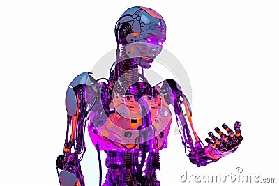 The humanoid robot looks at its hand. On a white background. AI generated Stock Photo