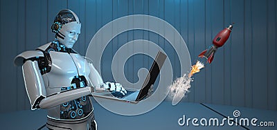 Humanoid Robot Notebook Rocket Stock Photo