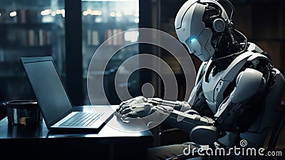 Humanoid robot office worker working in a call centre on a laptop computer Cartoon Illustration