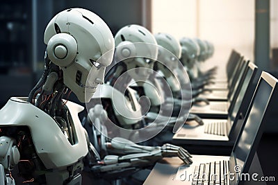 Humanoid robot office workers working in a call centre on a laptop computer Cartoon Illustration