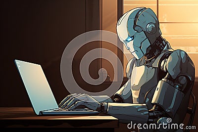 Humanoid robot office workers working from home on a laptop computer Cartoon Illustration