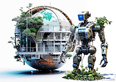 An anthropogenic robot overgrown with foliage, moss and grass on a white background. Cartoon Illustration