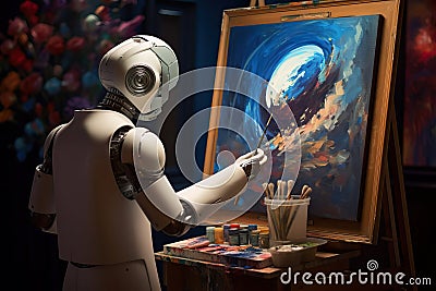 Humanoid robot painter standing at an easel in studio creating art with a brush. Concept of computer generated art. Realistic Cartoon Illustration