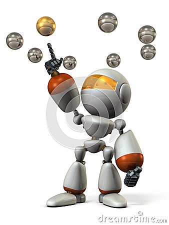 A humanoid robot that points to one of multiple spheres floating in the air. Stock Photo