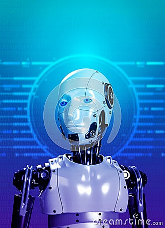 Humanoid robot portraits looking smart on binary code and circuit symbol on blue background, vertical style. Futuristic AI human. Stock Photo