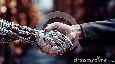 A humanoid robot reaches out its robotic hand to meet a human. Generative AI Stock Photo