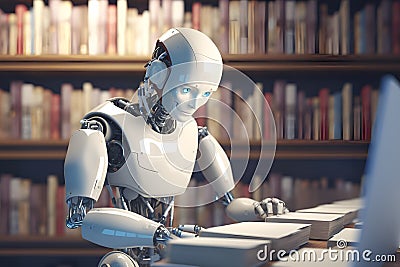 Humanoid robot reading books in a library. Generative AI. Stock Photo