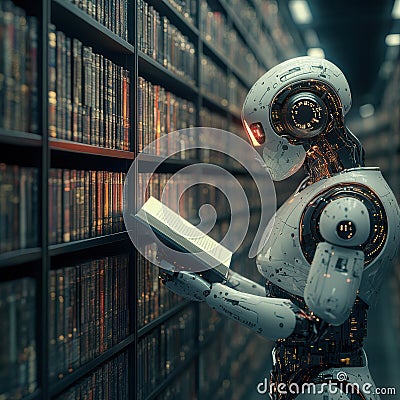 A humanoid robot reads a book in a dimly lit library, representing the blend of traditional learning and advanced artificial Stock Photo