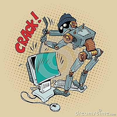 A humanoid robot robber and a thief in a cap hacks into your computer. The problem of security and authentication in the Vector Illustration