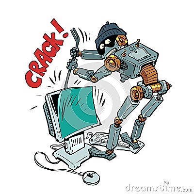 A humanoid robot robber and a thief in a cap hacks into your computer. The problem of security and authentication in the Vector Illustration