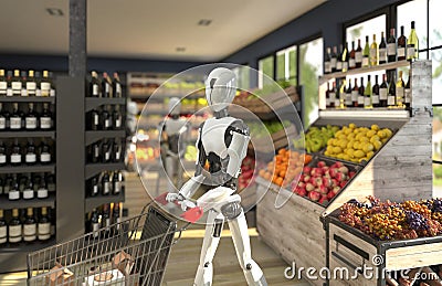 A humanoid robot with a shopping trolley is shopping at a grocery store. Future concept with robotics and artificial intelligence Stock Photo